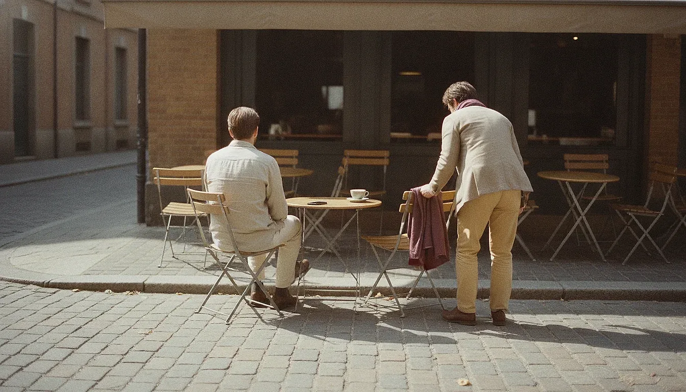 Across the street, two adults at an outdoor cafe table at a first meeting: one just arriving and pulling out a chair, both seen from behind.