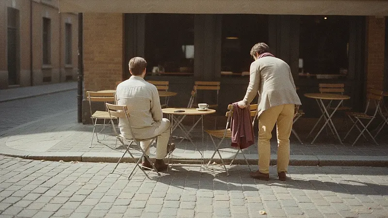 Two adults from behind at an outdoor cafe table, one just arriving and pulling out a chair.