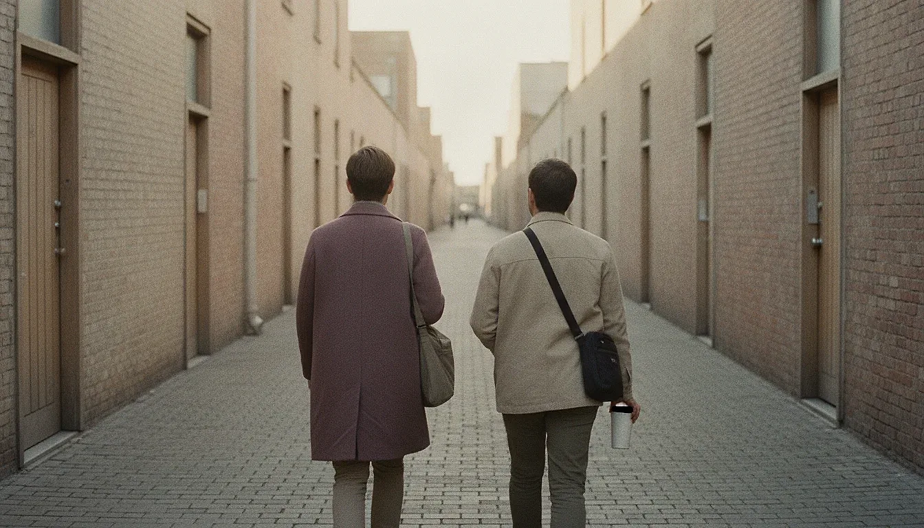 Two colleagues seen from behind walking away down a quiet brick street at the end of the day, bags over shoulders, one carrying a coffee.