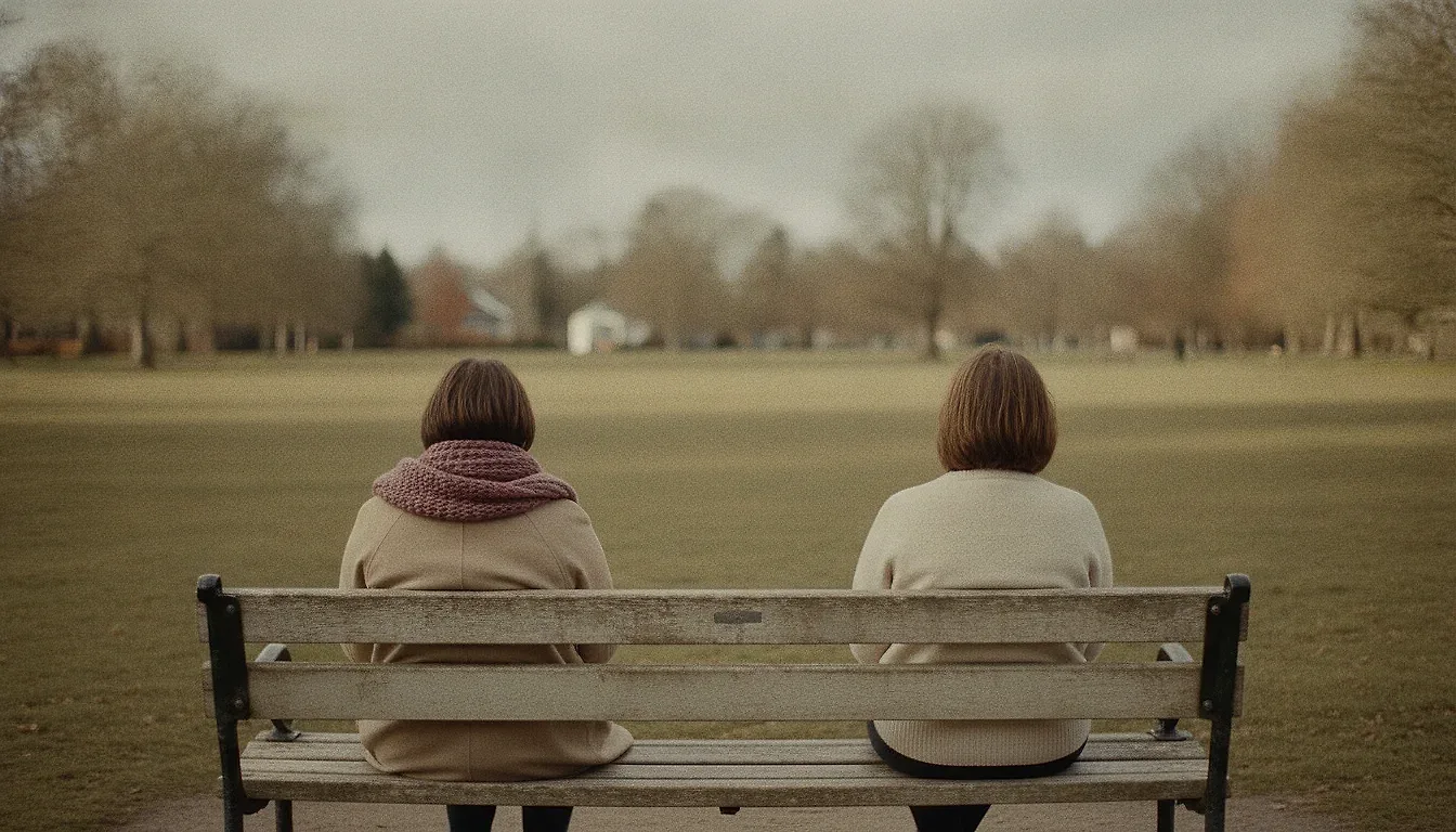 Two adults seen from behind, sitting at opposite ends of a park bench in flat daylight with a clear gap between them.