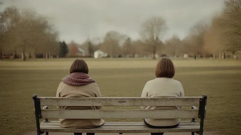 Two adults from behind at opposite ends of a park bench, a clear gap between them.