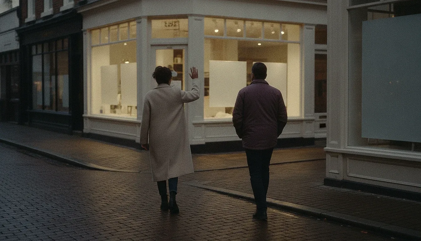 Two adults at dusk on a street corner, seen from behind as silhouettes, already turned away from each other in opposite directions, one hand raised in goodbye.