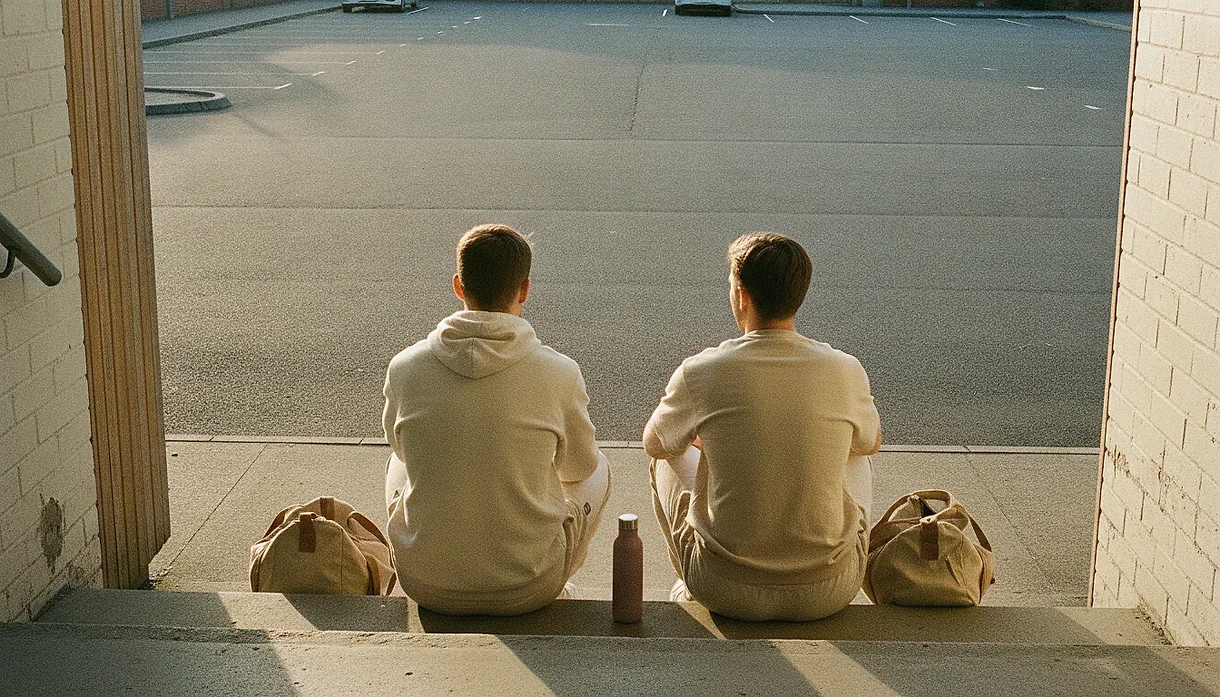 Two adults in sports kit seen from behind, sitting on the outside steps of a sports hall with gym bags beside them, an emptying car park ahead.