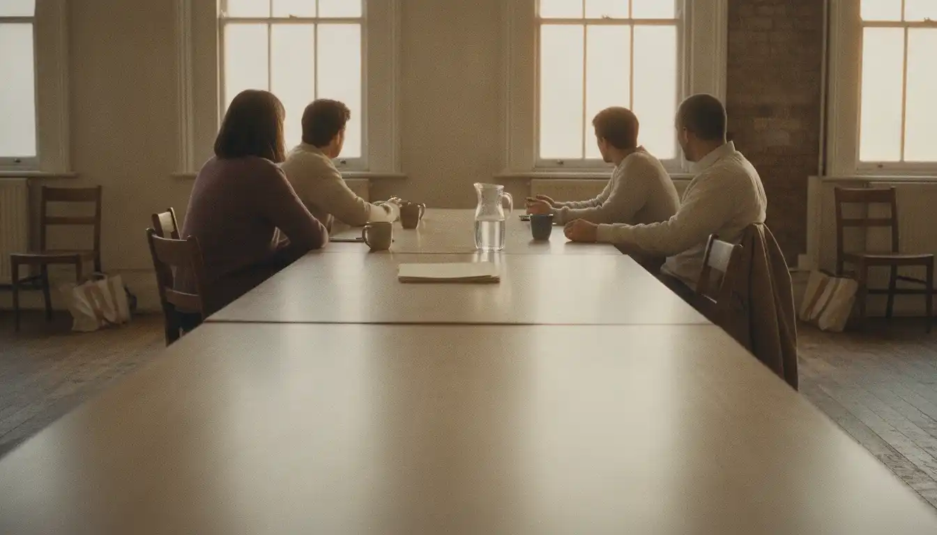 A long wooden table in a bright community hall after an evening class, photographed from its empty near end: four adults sit around the far end with mugs, a water jug and a stack of paper, seen from behind with no faces visible, and canvas bags and a coat left by the chairs.
