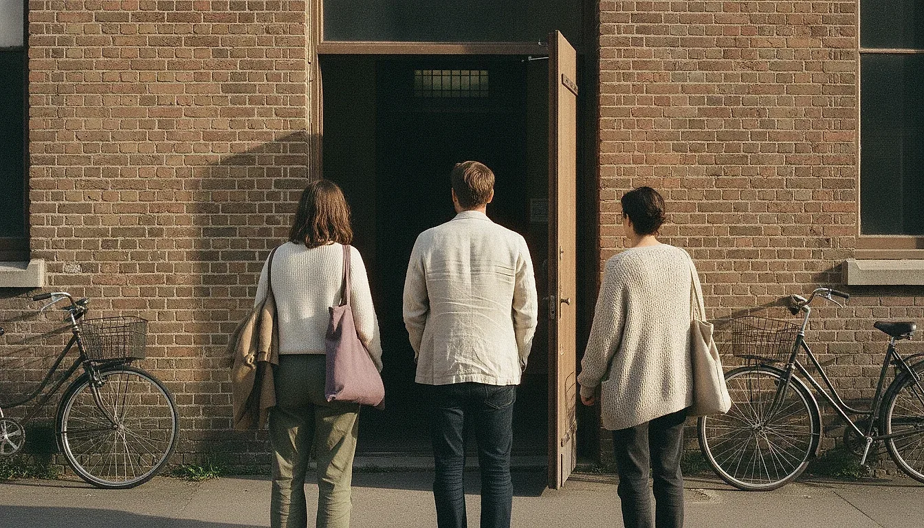 Three adults seen from behind at the open door of a brick community hall after an evening class, bags on shoulders, bicycles by the wall.
