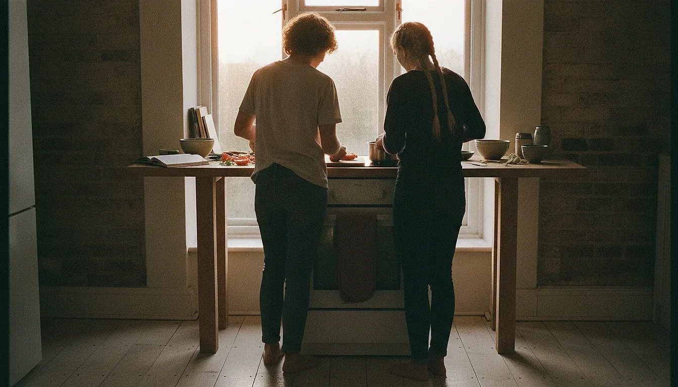 Two adults seen from behind cooking a weeknight meal side by side at a counter facing the window, one chopping while the other stirs a pot.