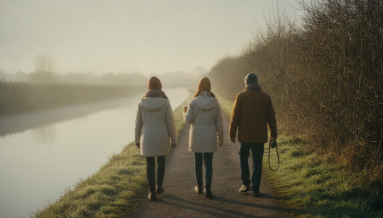 Three adults in coats seen from behind, walking away along a canal towpath at first light with takeaway cups, a dog lead swinging from one hand.