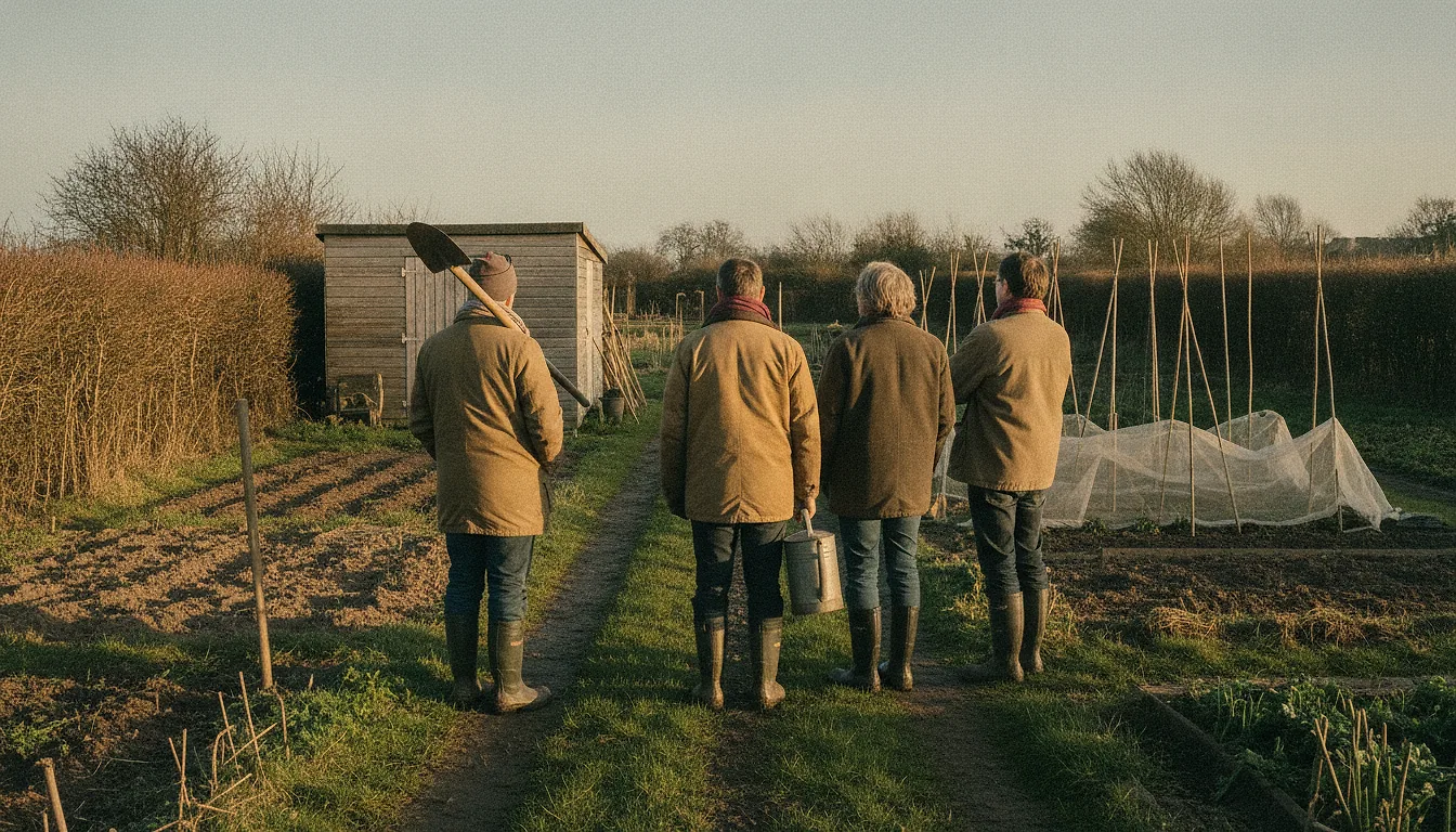 Four adults seen from behind standing in a row along an allotment path in late-afternoon light, looking together toward a timber shed and the beds beyond it, tools in their hands.