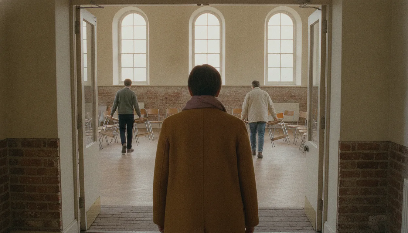 Seen from behind, one adult in a coat stands in the open doorway of a village hall while two others, also seen from behind, carry stacking chairs into the empty room.