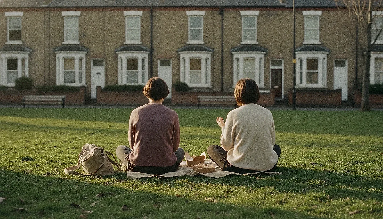 Two adults seen from behind, sitting on the grass in a small park on a weekday evening, takeaway cartons between them, city buildings ahead.