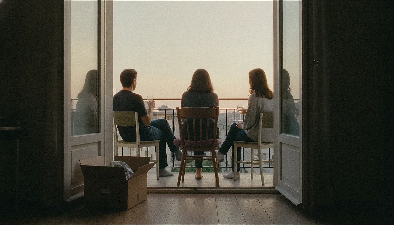 Three adults seen from behind on a small city balcony at dusk, sitting on mismatched chairs among half-unpacked boxes, facing unfamiliar rooftops.