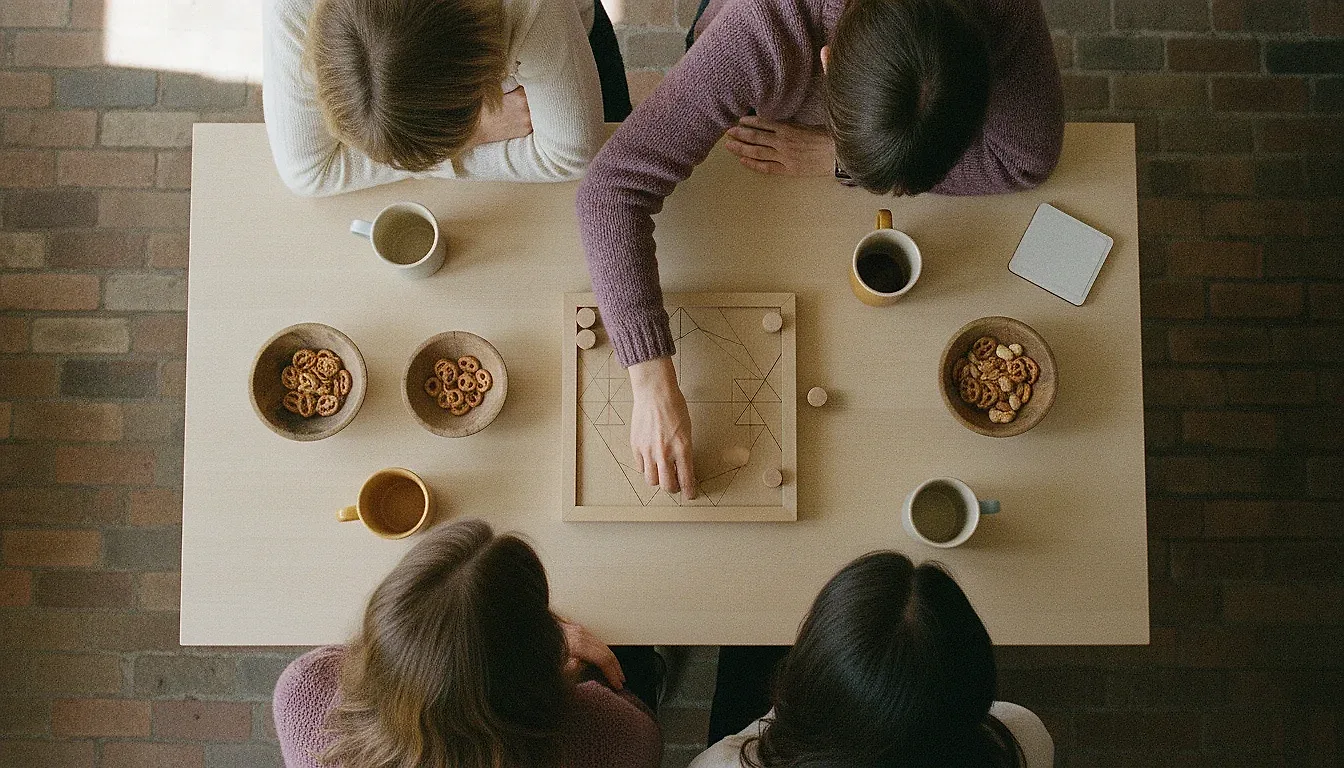 Seen from directly above, four adults around a table in a games cafe, mid-move over an abstract board game with pieces and mugs.