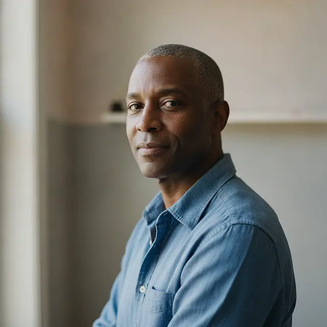 A clean-shaven Black man in his early fifties in an open-collared washed-blue shirt, turned three-quarters away from the camera with his eyes back to the lens in soft window light, a warm off-white wall and the blurred edge of a shelf behind him.