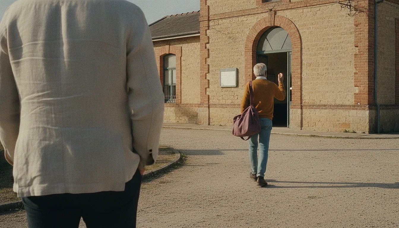 Outside a small station, one adult seen from behind watches another cross the forecourt with a weekend bag, one hand raised in greeting.