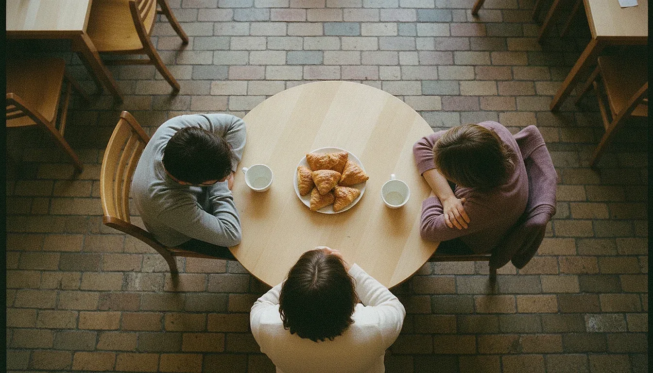 Seen from above, three adults at a round cafe table: one sits pulled back with crossed arms while the other two stay bowed over their coffee.