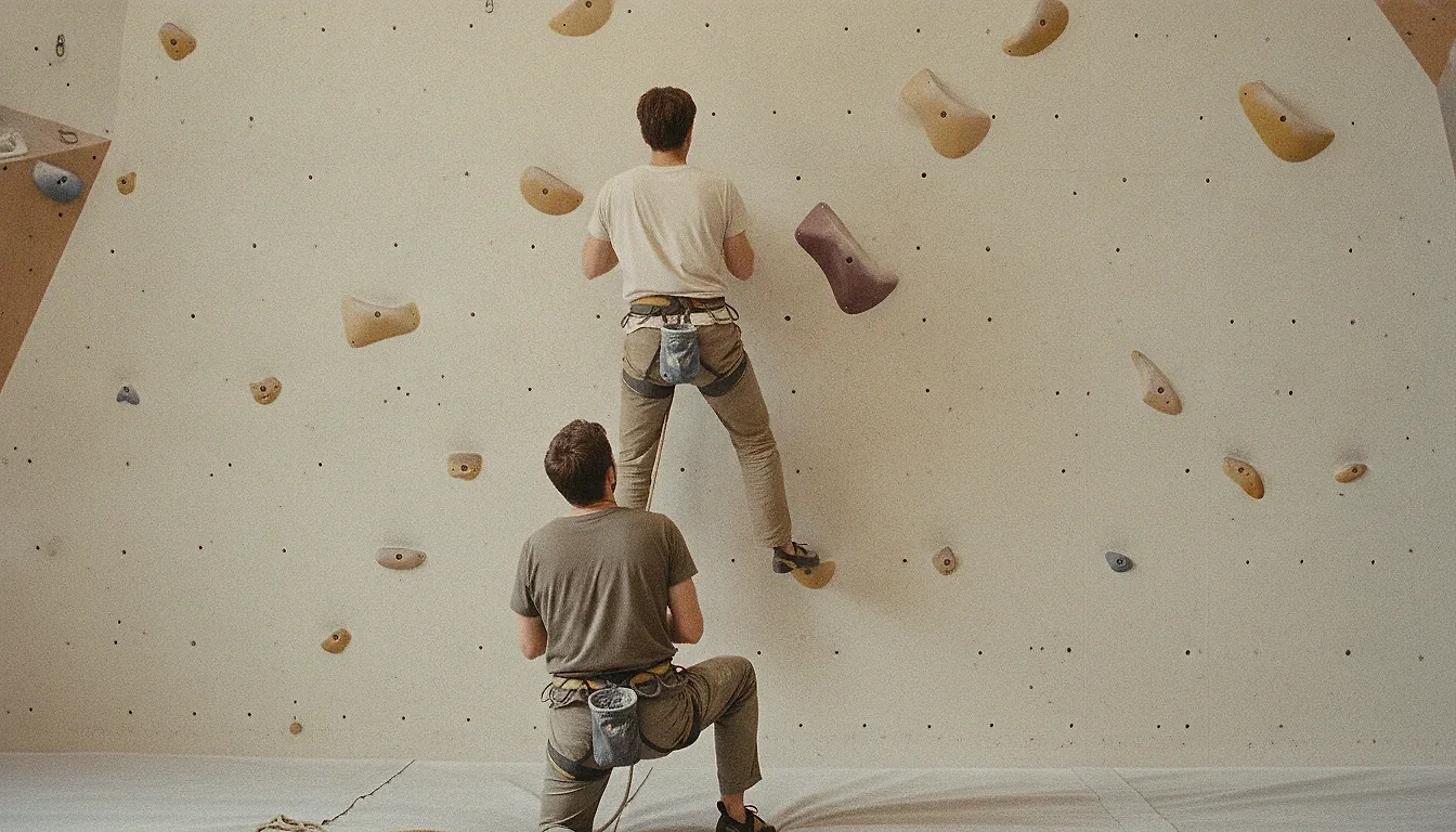 In a climbing gym, one adult on the wall and another belaying below, both seen from behind, focused upward on the route.