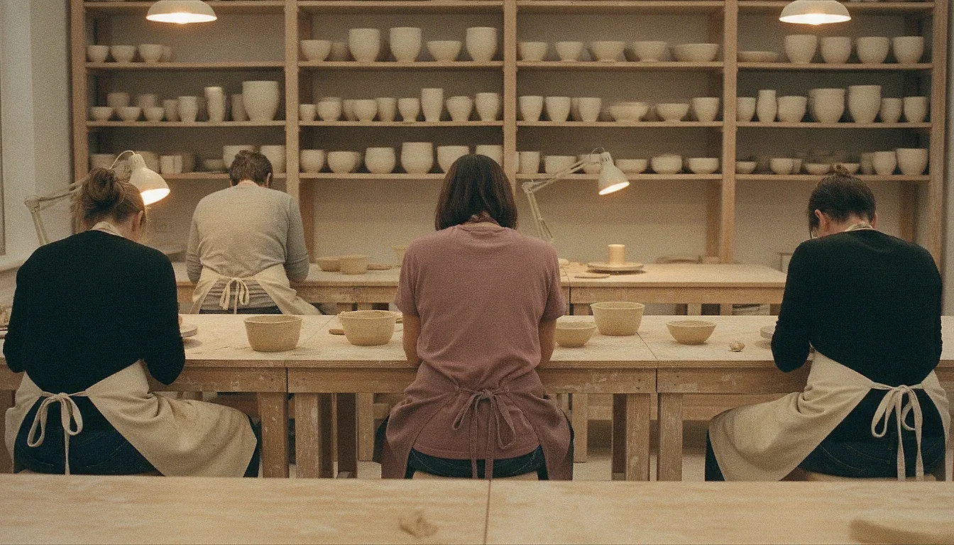 An evening pottery class seen from the back of the room: four adults at their benches, backs to the camera, working on their own pieces.