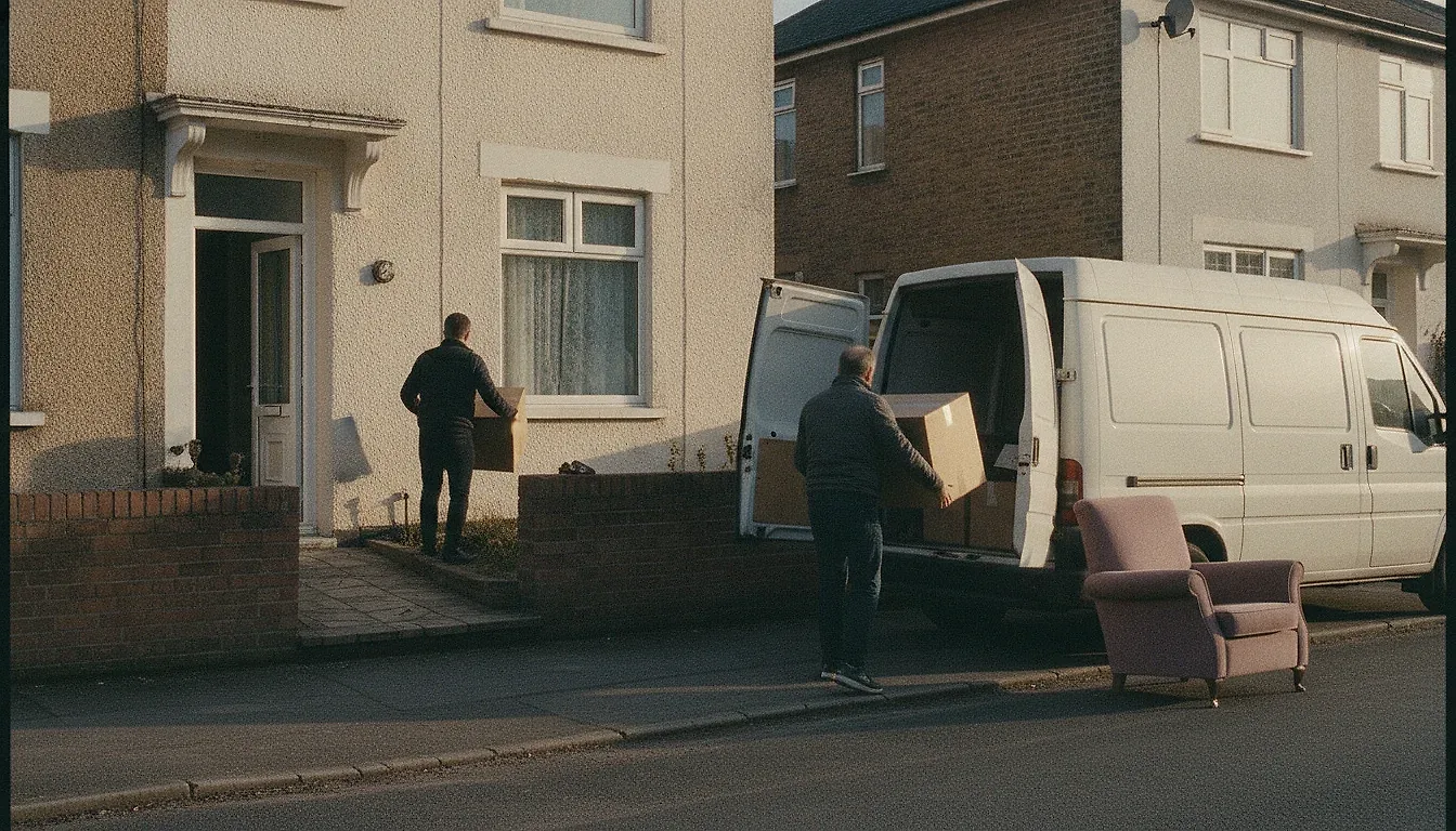 Two adults seen from behind on moving day: one loads a box into an open van while the other carries one down the path, an armchair waiting on the pavement.